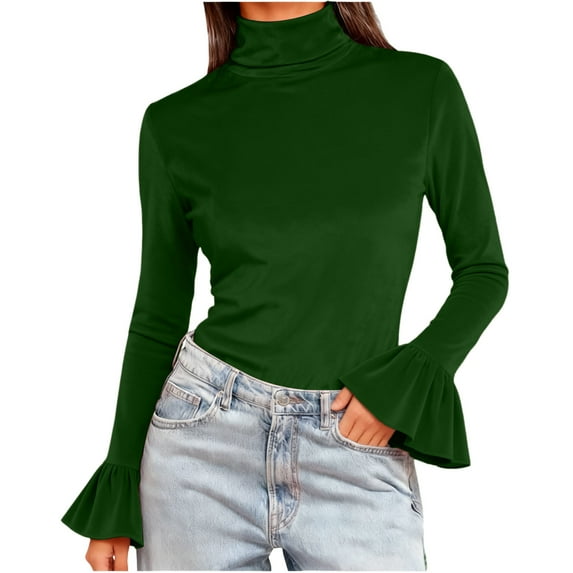 CHUMUD Women's Turtleneck Velvet Blouses Ruffle Long Sleeve Slim Fit Shirts Velour Tops Solid Color Casual Pullover Tunics