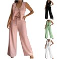 thumbnail image 1 of CHUMUD Women's Two Piece Outfits V Neck Metal Button Front Crop Tank Vest Wide Leg Pants Matching Sets Summer Casual Going Out, 1 of 9