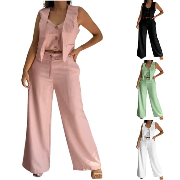 CHUMUD Women's Two Piece Outfits V Neck Metal Button Front Crop Tank Vest Wide Leg Pants Matching Sets Summer Casual Going Out