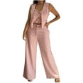 thumbnail image 1 of CHUMUD Women's Two Piece Outfits V Neck Metal Button Front Crop Tank Vest Wide Leg Pants Matching Sets Summer Casual Going Out, 1 of 8