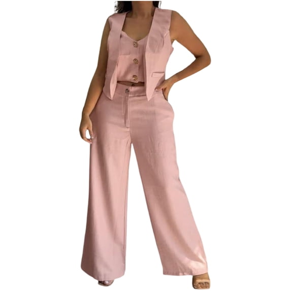 CHUMUD Women's Two Piece Outfits V Neck Metal Button Front Crop Tank Vest Wide Leg Pants Matching Sets Summer Casual Going Out
