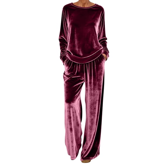 CHUMUD Women's Velvet 2 Piece Outfits Pullover Loose Crew Neck Long Sleeve Loungewear Matching Straight Pants Trousers Sets Casual Going Out