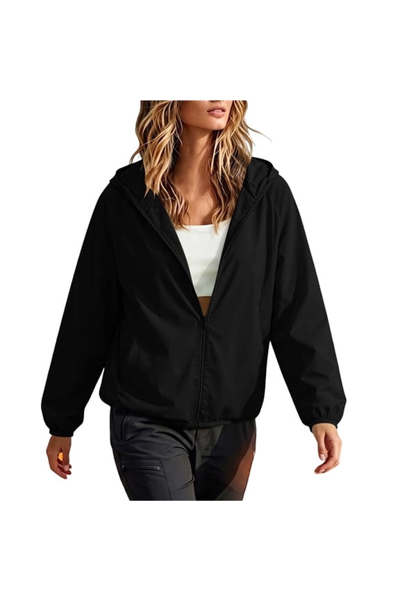 Women's Water Repellent Windbreaker Jacket, Long Sleeve Raglan Hooded Coat, Zip Up Lightweight Outerwear with Pockets, Casual Sporty Top, S-2XL