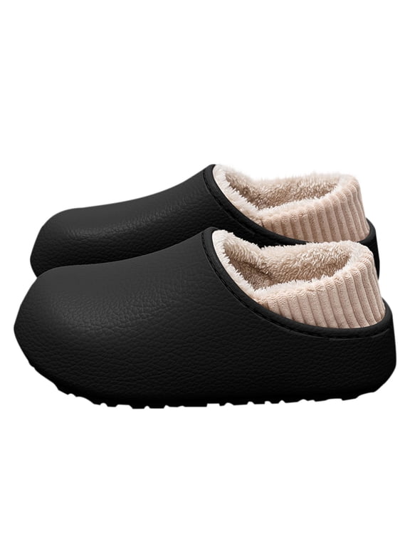 Women's Waterproof Winter Slippers, Slip-Resistant Sole, Comfort Warm Plush-Lined Slip-On Slippers with Knit Heel Collar – Indoor/Outdoor