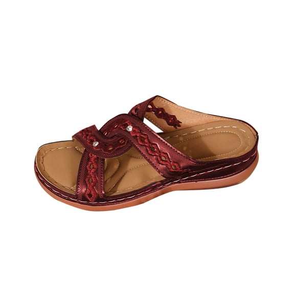 CHUMUD Women's Wedge Slide Sandals Embroidered Crisscross Strap Rhinestone Accent Comfort Walking Shoes