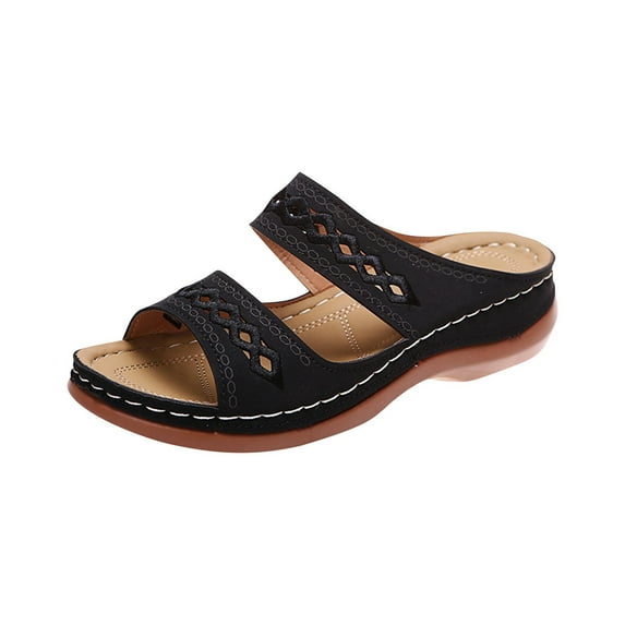 CHUMUD Women's Wedge Slide Sandals Embroidered Double Strap Open Toe Comfort Walking Shoes