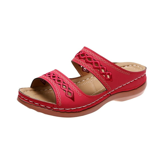 CHUMUD Women's Wedge Slide Sandals Embroidered Double Strap Open Toe Comfort Walking Shoes