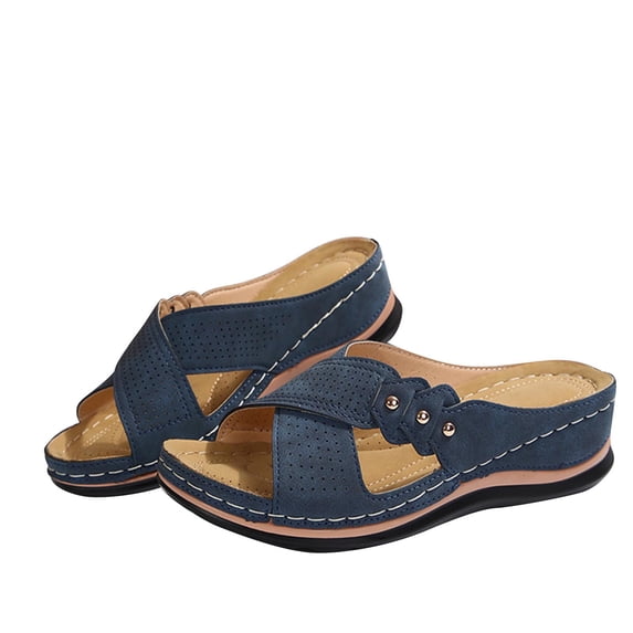 CHUMUD Women's Wedge Slide Sandals Perforated Crisscross Strap Studded Accent Comfort Walking Shoes