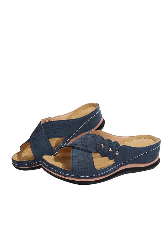 Women's Wedge Slide Sandals Perforated Crisscross Strap Studded Accent Comfort Walking Shoes