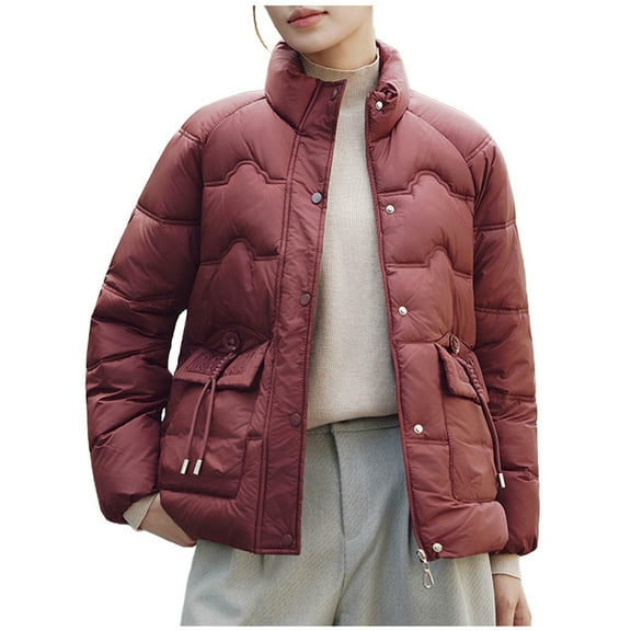 CHUMUD Women's Winter Puffer Jacket Warm Cotton Padded Coat Snap Zip Up Stand-up Collar Down Outerwear with Pockets