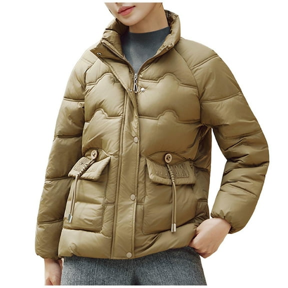 CHUMUD Women's Winter Puffer Jacket Warm Cotton Padded Coat Snap Zip Up Stand-up Collar Down Outerwear with Pockets