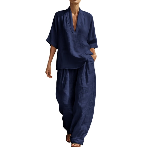 CHUMUD Womens 2 Piece Outfit Sets Oversize 3/4 Sleeve V-Neck Shirts and Wide Leg Baggy Pants with Pockets Summer Travel