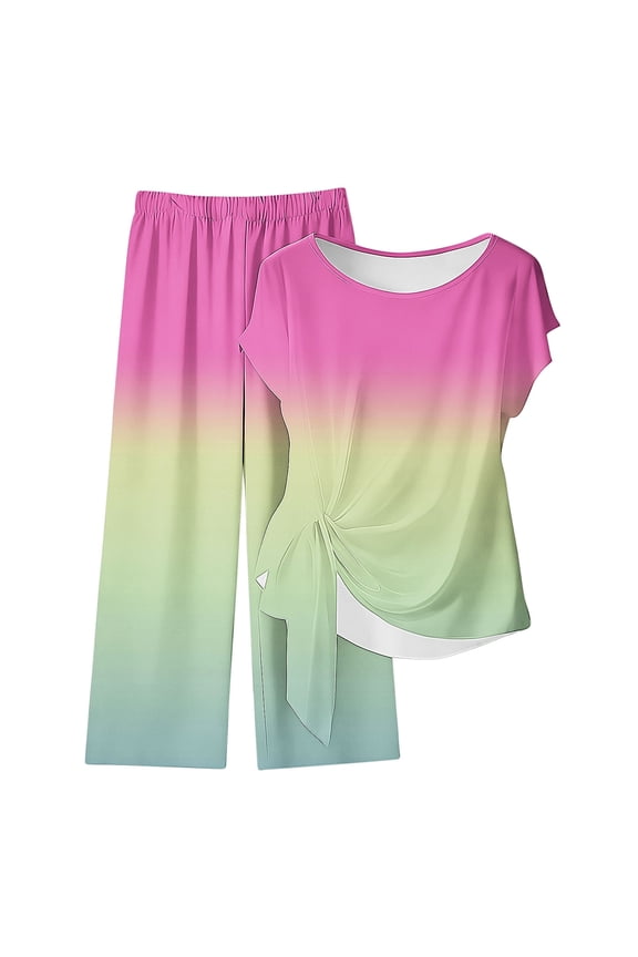 Womens 2 Piece Outfits Sets Watching Set Short Sleeve Ruched Drawstring Crew Neck Tops and Wide Leg Pants Clothing Sets