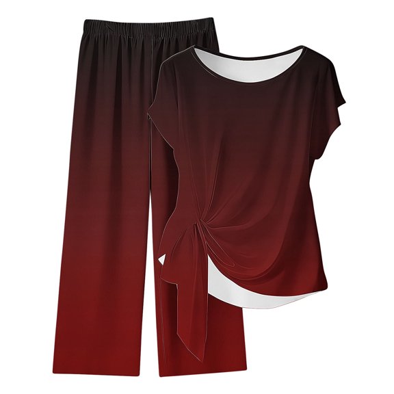 CHUMUD Womens 2 Piece Outfits Sets Watching Set Short Sleeve Ruched Drawstring Crew Neck Tops and Wide Leg Pants Clothing Sets