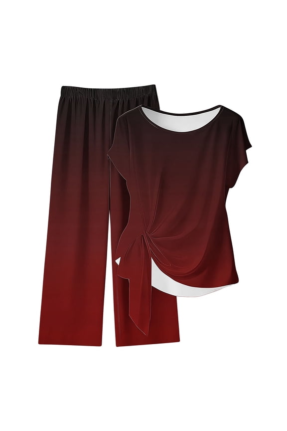 Womens 2 Piece Outfits Sets Watching Set Short Sleeve Ruched Drawstring Crew Neck Tops and Wide Leg Pants Clothing Sets