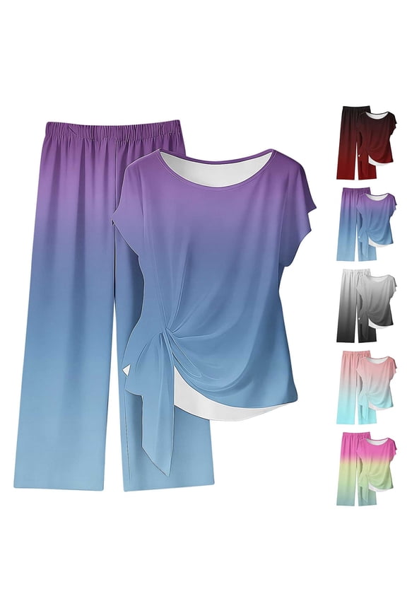 Womens 2 Piece Outfits Sets Watching Set Short Sleeve Ruched Drawstring Crew Neck Tops and Wide Leg Pants Clothing Sets