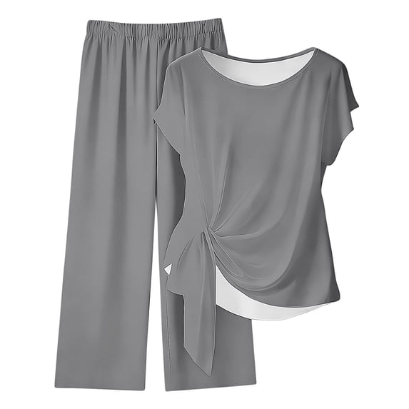 CHUMUD Womens 2 Piece Outfits Sets Watching Set Short Sleeve Ruched Drawstring Crew Neck Tops and Wide Leg Pants Clothing Sets