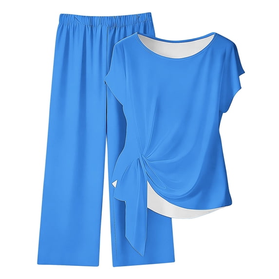 CHUMUD Womens 2 Piece Outfits Sets Watching Set Short Sleeve Ruched Drawstring Crew Neck Tops and Wide Leg Pants Clothing Sets