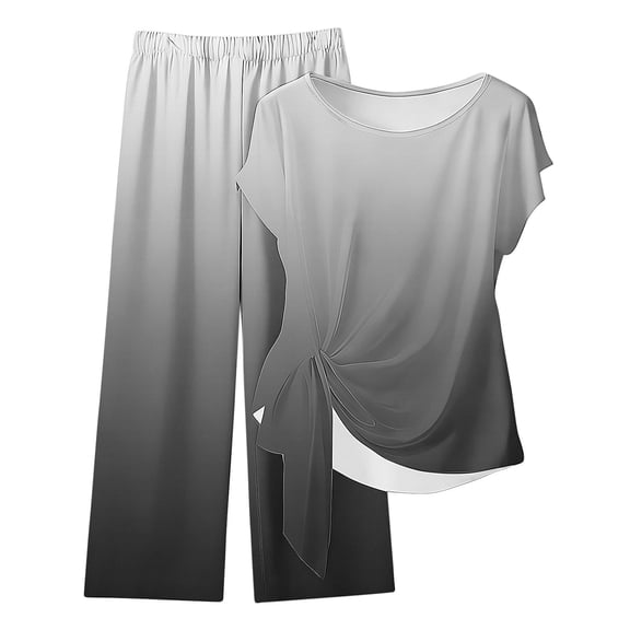 CHUMUD Womens 2 Piece Outfits Sets Watching Set Short Sleeve Ruched Drawstring Crew Neck Tops and Wide Leg Pants Clothing Sets