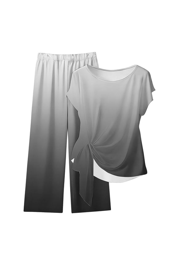 Womens 2 Piece Outfits Sets Watching Set Short Sleeve Ruched Drawstring Crew Neck Tops and Wide Leg Pants Clothing Sets