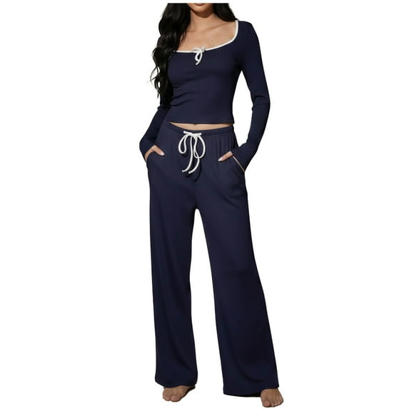 CHUMUD Womens 2 Piece Pajama Sets Long Sleeve Square Neck Tops and Flare Pants with Drawstring Sleepwear Casual Nightwear Pjs Lounge Set