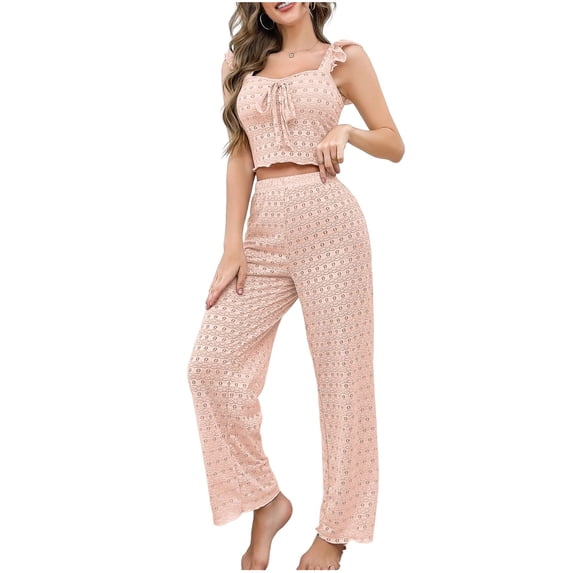 CHUMUD Womens 2 Piece Pajama Sets Ruffle Tank Tops and Pants Soft Sleepwear Casual Nightwear Pjs Lounge Set