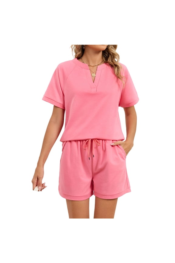 Womens 2 Piece Pajama Sets Short Sleeve V Neck Tops and Shorts with Drawstring Pockets Soft Sleepwear Casual Nightwear Pjs Lounge Set
