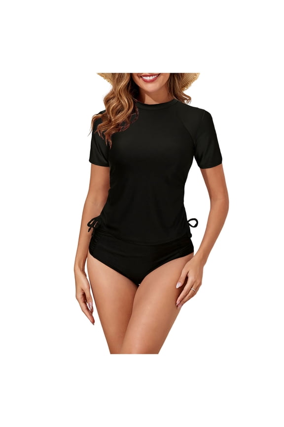 Womens 2 Piece Swimsuits Swim Shirt Short Sleeve Rash Guard Sun Protection Swimsuit Side Drawstring Bathing Suit