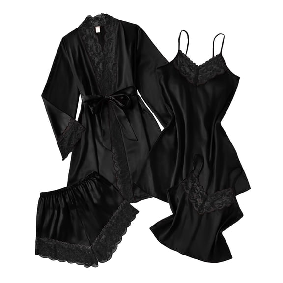 CHUMUD Womens 4 Piece Lace Pajama Sets Bathrobe with Belt Spaghetti Strap Camisole Tops and Sleepdress Shorts Sleepwear Casual Nightwear Pjs Lounge Set