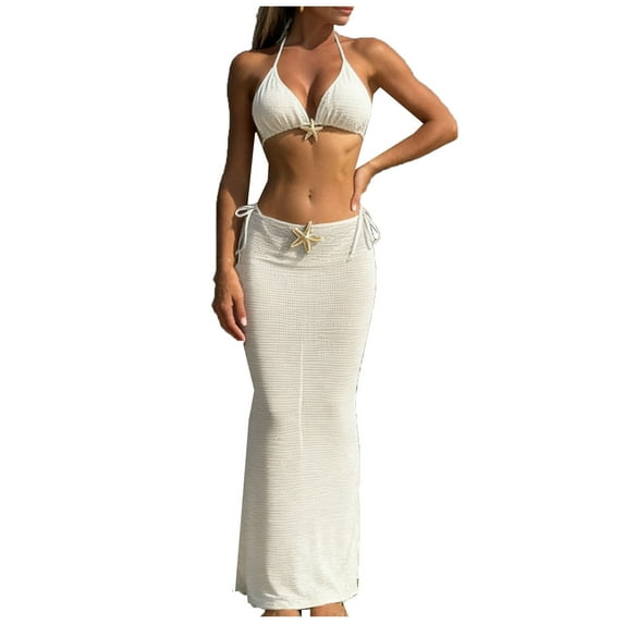 CHUMUD Womens Bikini Sets Three Piece Starfish Swimsuits Halter Triangle Tie Bathing Suit Long Cover Up Skirts with Bottom Summer Beach Vacation