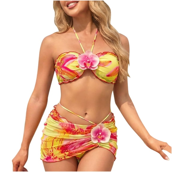 CHUMUD Womens Bikini Sets Three Piece Swimsuits Halter Tie Bathing Suit 3D Floral Swimwear Mesh Cover Up Skirts Summer Sunbathing Beach Vacation