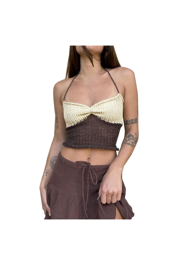 Womens Boho Halter Tank Tops Color Block Sleeveless Tops Knit Y2k Summer Trendy Tops Going Out Vacation