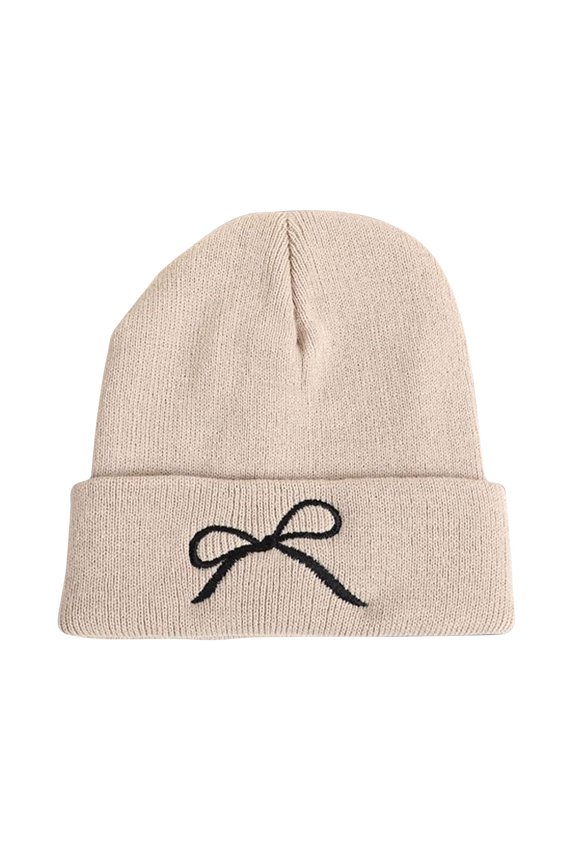 Womens Bow Beanie Hat Winter Warm Knit Hats Cute Embroidery Bowknot Caps for Streetwear