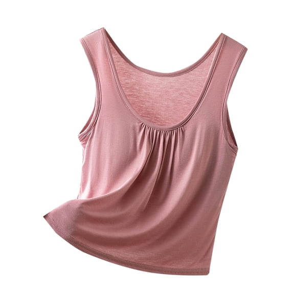 CHUMUD Womens Built-in-Bra Tank Tops Sleeveless Crew Neck Pleated Top Loose Fit Summer Casual