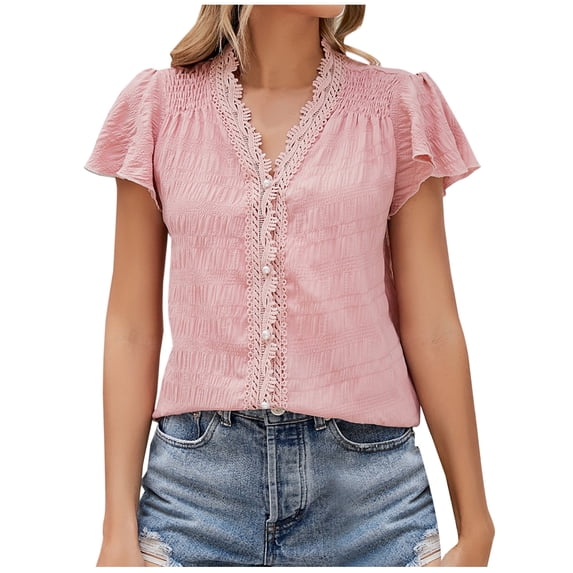 CHUMUD Womens Button Down Shirts Short Sleeve V Neck Lace Blouse Business Loose Fit Casual Trendy Going Out Summer Tops