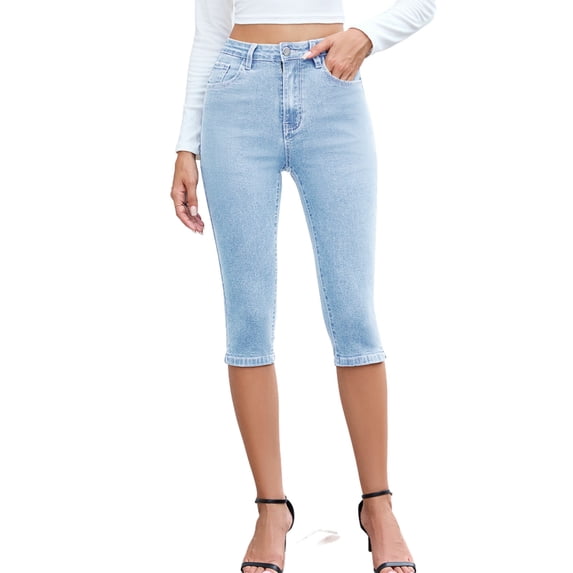 CHUMUD Womens Capris Jeans Front Button Slimming Stretchy Denim with Pockets Pants Summer Fits