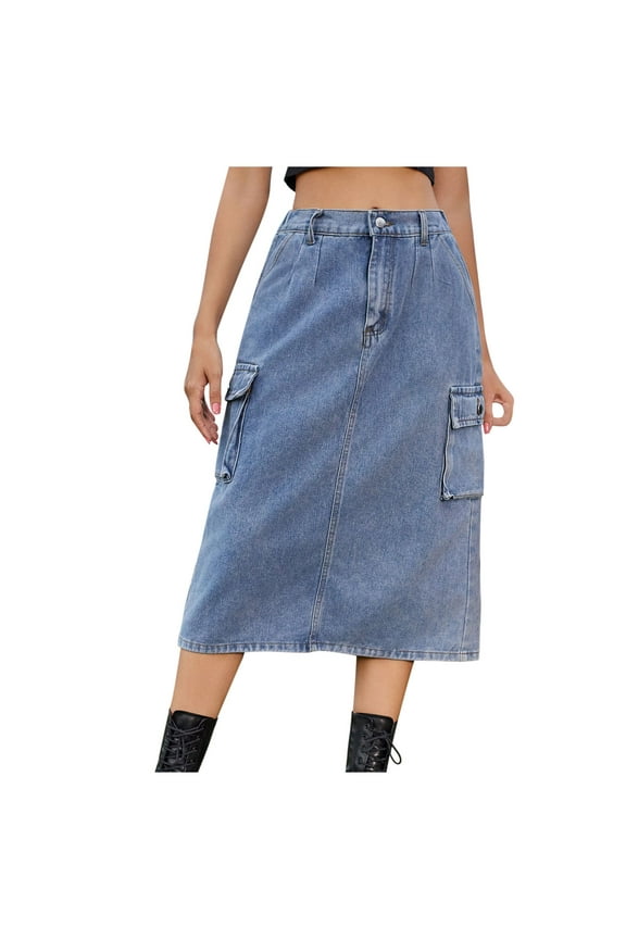 Womens Cargo Skirts High Waisted Stretchy Denim Skirt Button A-Line Casual Summer Midi Skirt with Pockets
