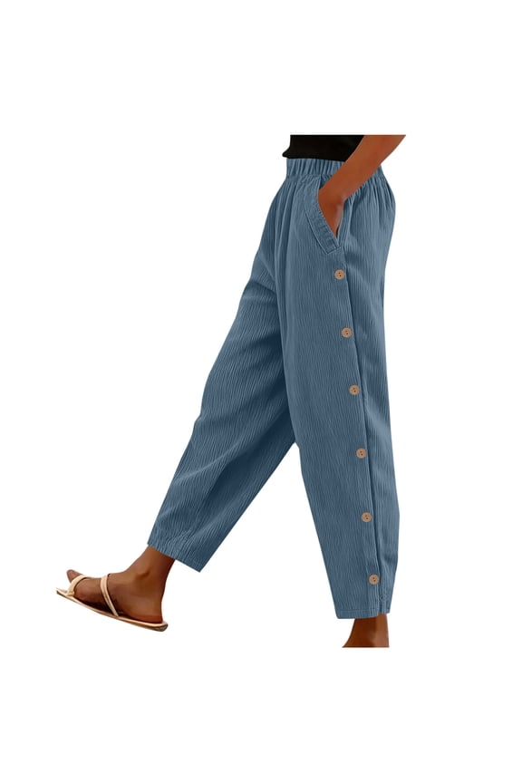Womens Casual Pants Elastic High Waisted Trousers Side Button Going Out Joggers with Pockets