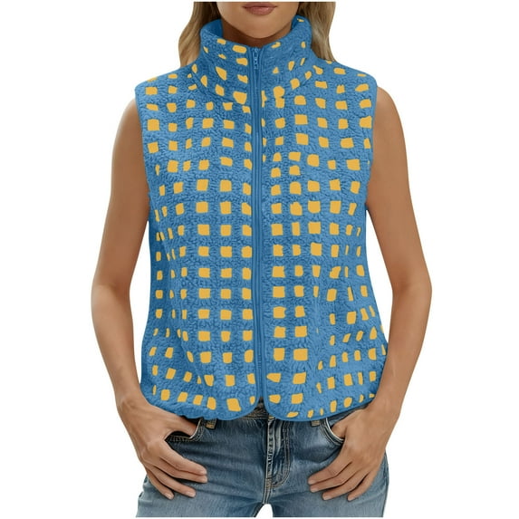 CHUMUD Womens Checkered Sherpa Vest Fleece Fuzzy Zip Up Sleeveless Jacket Casual Stand Collar 2025 Winter Warm Outwear
