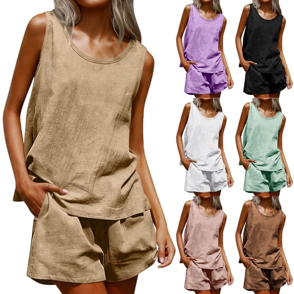 CHUMUD Womens Cotton Linen 2 Piece Matching Lounge Set Sleeveless Tank Top Shorts Set with Pockets Summer Casual Going Out