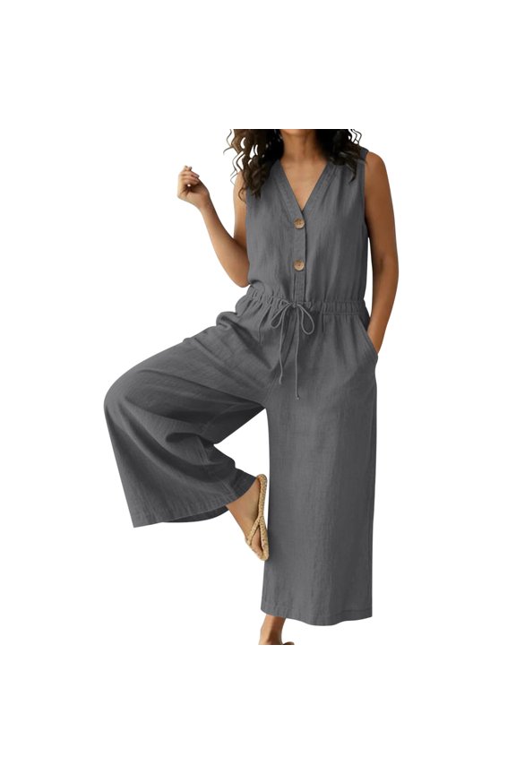 Womens Cotton Linen Button Down Jumpsuits Sleeveless Casual Wide Legs Rompers Drawstring Waisted Loose Overall with Pockets