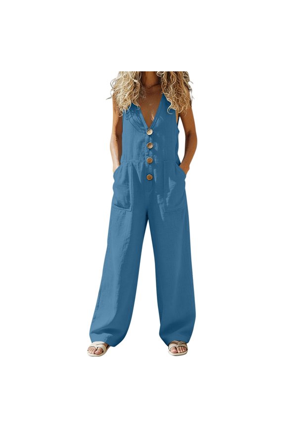 Womens Cotton Linen Button Down Jumpsuits Sleeveless Casual Wide Legs Rompers Loose Overall with Pockets