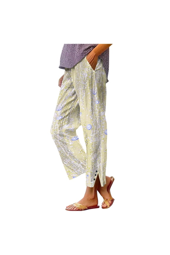 Womens Cotton Linen Palazzo Pants Flowy Loose Elastic Waisted Trousers with Pockets Slit Boho Harem Pants Casual Summer Vacation