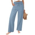 thumbnail image 1 of CHUMUD Womens Cotton Linen Palazzo Pants Flowy Wide Leg Drawstring Elastic Waisted Trousers with Pockets Summer Beach Vacation, 1 of 8