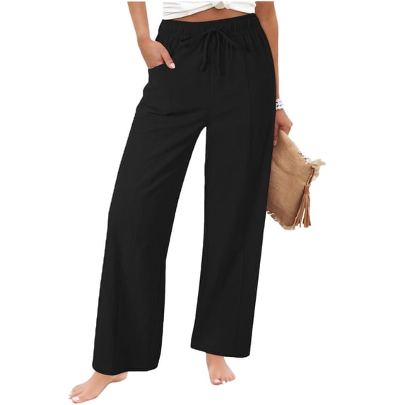 CHUMUD Womens Cotton Linen Palazzo Pants Flowy Wide Leg Drawstring Elastic Waisted Trousers with Pockets Summer Beach Vacation