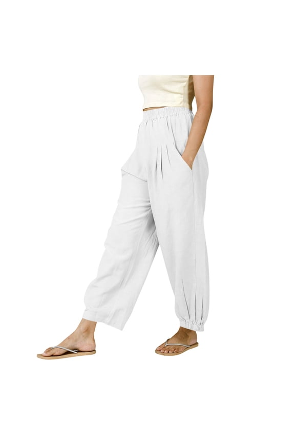 Womens Cotton Linen Pants Elastic High Waisted Trousers Loose Boho Harem Pants with Pockets Casual Summer Beach Vacation