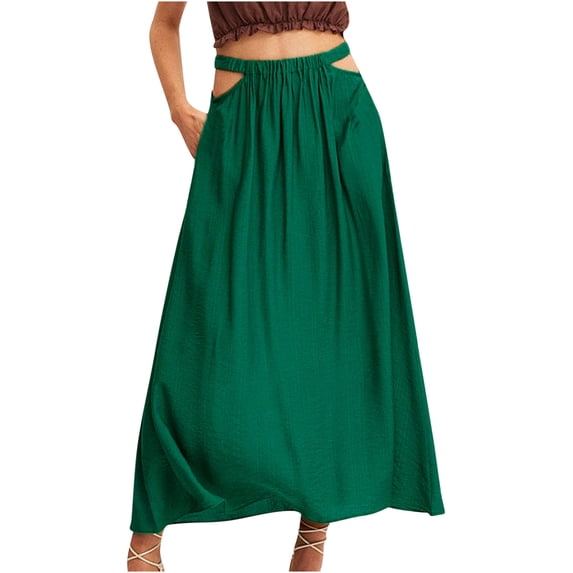 CHUMUD Womens Cotton Linen Skirts Elastic High Waist Boho Maxi Skirt Swing Tiered A-Line Cutout Long Skirt Fashion Beach Vacation Summer Wear