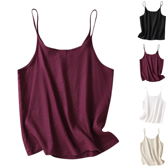 CHUMUD Womens Cotton Linen Tank Tops Sleeveless Crew Neck Camisole Loose Fit Spaghetti Strap Cami Shirts Summer Trendy Casual