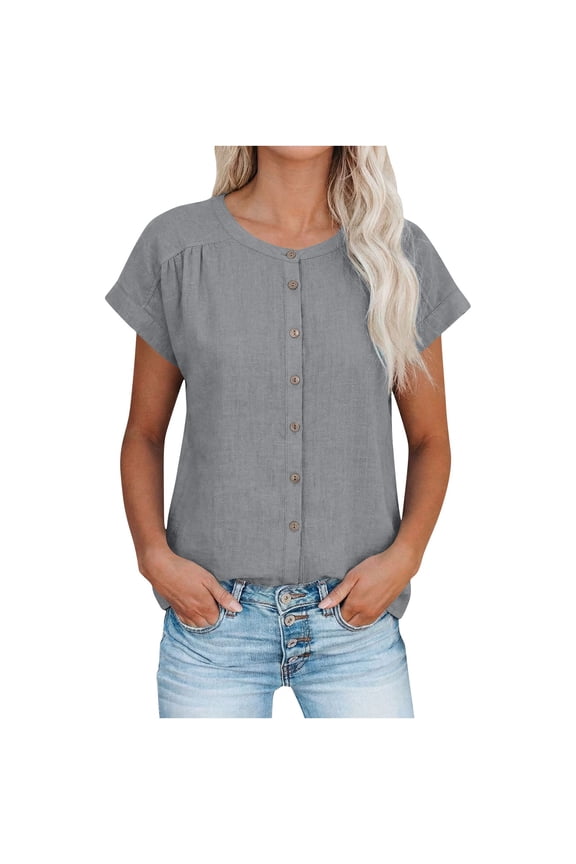Womens Cotton Linen Tops Short Sleeve Crew Neck Tops Button Down Casual Blouses Spring Summer Clothes