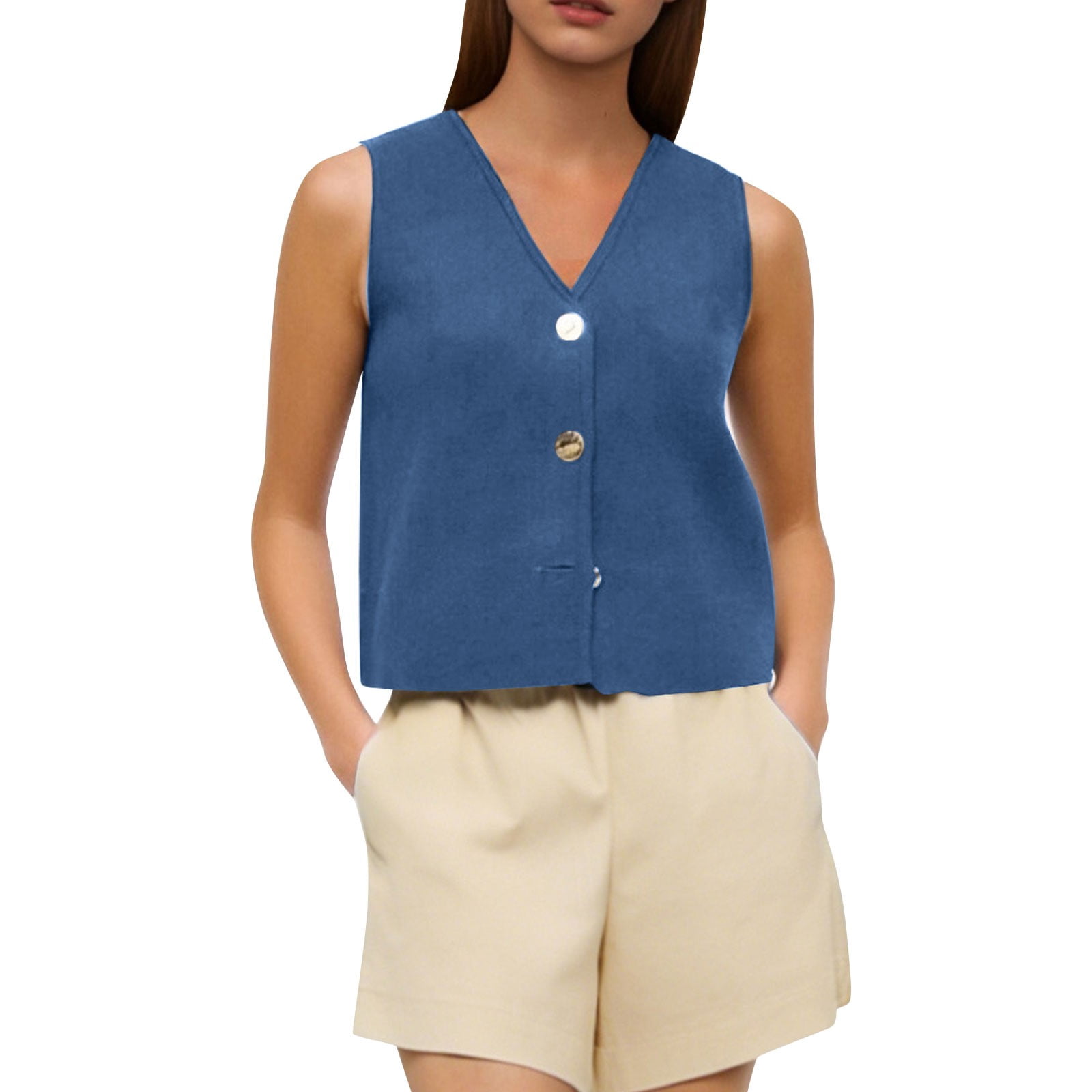 CHUMUD Womens Cotton Linen Vest V Neck Button Down Crop Tank Top ...